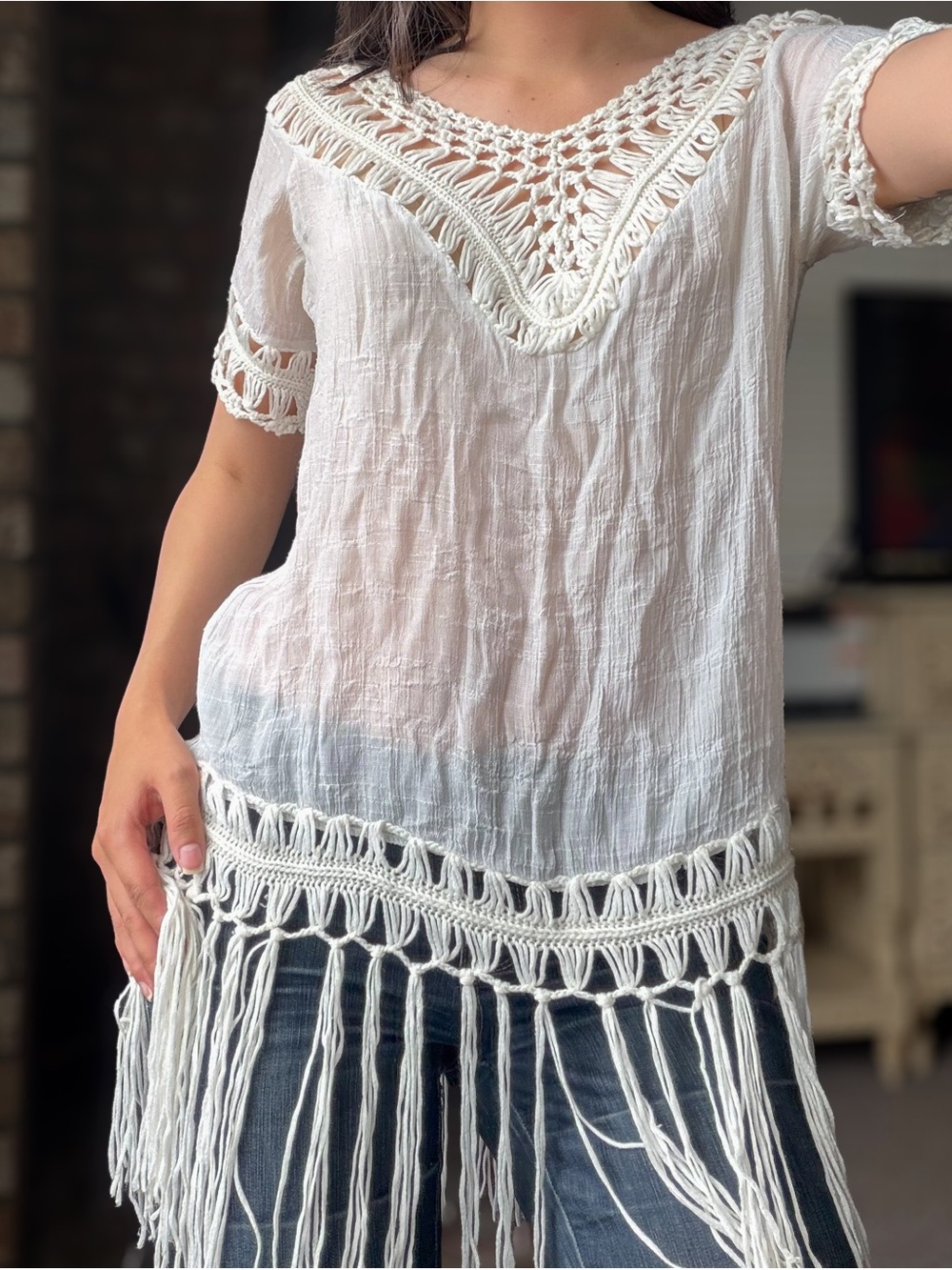 White Boho Dainty Tassel Trim Lace Knit Short Sleeve Top